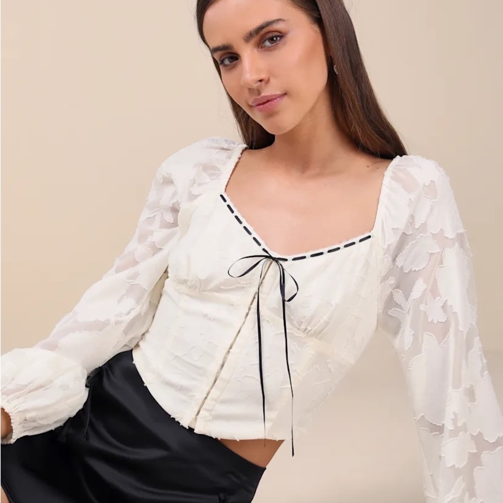Lulu's Cream Floral Lace Blouse with Black Trim